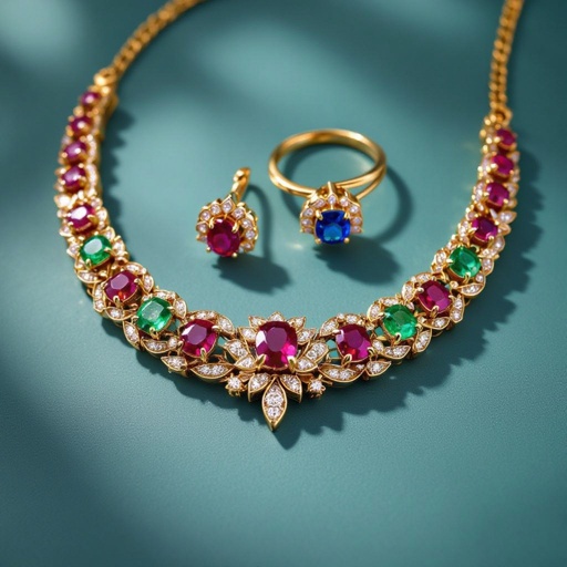 Necklace and ring and earring with luxury colorful jewel with gold