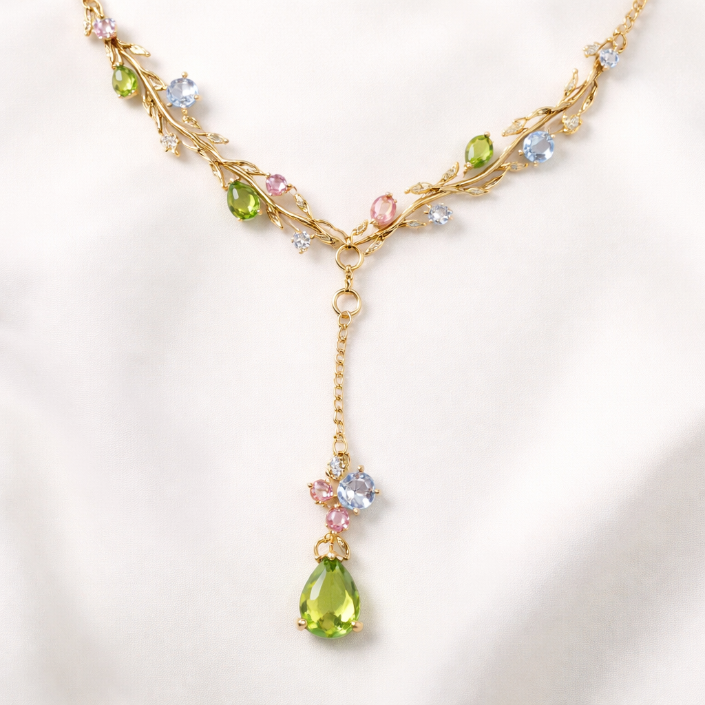 Thin Gold chain with thin wire wrapped around it like an olive branch and small pear cut bright peridot, pink and light blue sapphire stones placed throughout the chain with a lariat.