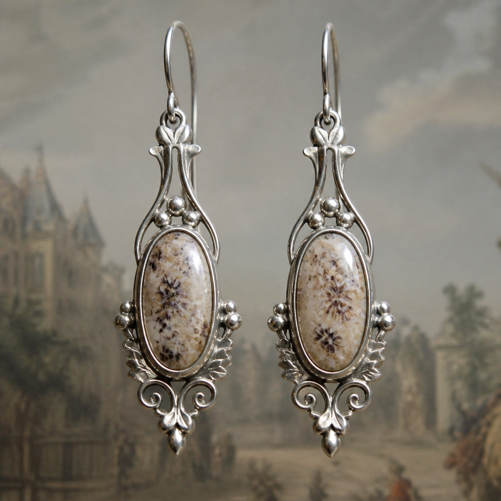Paris France 1800 1900 era inspired. Handcrafted hand forged in 999 solid silver. Sweet, romantic, artistic dangle earrings featuring a beautiful shiitake Stone.
photorealistic jewelry design, Paris France 1800 1900 era inspired. Handcrafted hand forged in 999 solid silver. Sweet, romantic, artistic dangle earrings featuring a beautiful shiitake Stone., romantic style, just the design no text