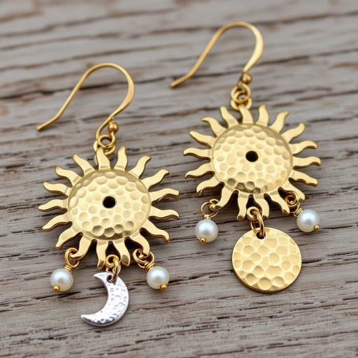 Золотые серьги словно мятое золото в форме горящего солнца с волнистыми лучами, в центре солнца круглая дыра. крепится к застежке серьги. К нижней части солнца крепятся подвески: миниатюрная серебристая луна, очень маленький жемчуг и маленький золотой кружочек с мятым эффектом плоский