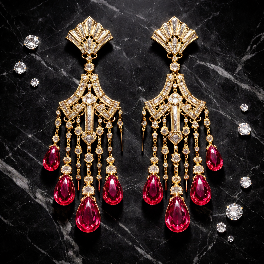 A pair of gold art deco chandelier earrings with cascading ruby teardrop gemstones and small diamond accents, laid symmetrically flat on a polished black marble surface, shot from directly above in a flat-lay style. A few loose diamonds scattered artfully around the earrings. Dramatic overhead studio lighting with crisp reflections and sharp highlights on every facet. Photorealistic luxury jewelry photography. Square 1:1 format, no text, no hands.