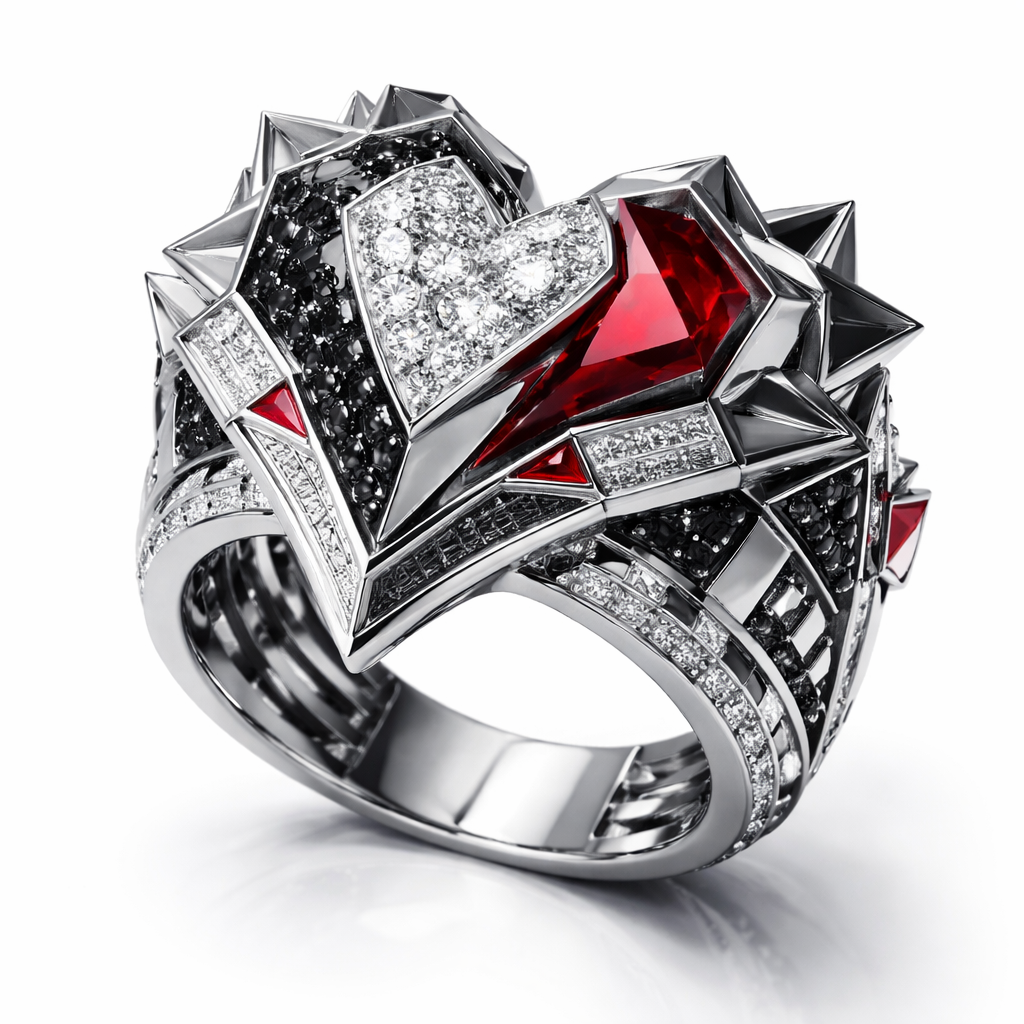 Geomatric ring of egdes and architecture shapes and bold of diamonds black and white and red of white background of edgy style and elements shape heart