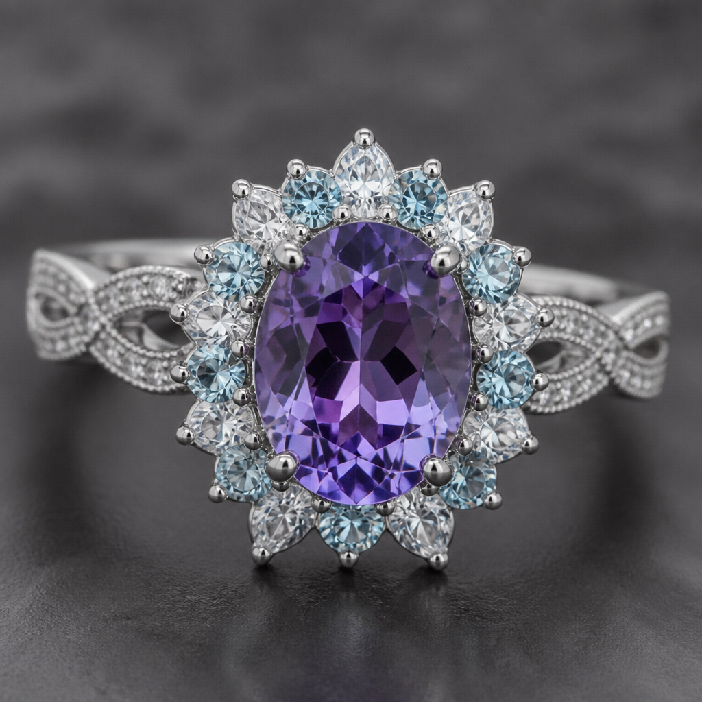 A halo women's ring made of white gold with amethyst and topaz stones suitable for engagement, detailed and decorative, moderately ornate
photorealistic jewelry design, A halo women's ring made of white gold with amethyst and topaz stones suitable for engagement, detailed and decorative, moderately ornate, halo style, just the design no text