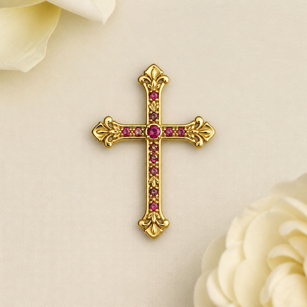 Dainty and feminine Gold cross with rubies, majority gold . Hidden bail
photorealistic jewelry design, Dainty and feminine Gold cross with rubies, majority gold . Hidden bail, bespoke style, just the design no text