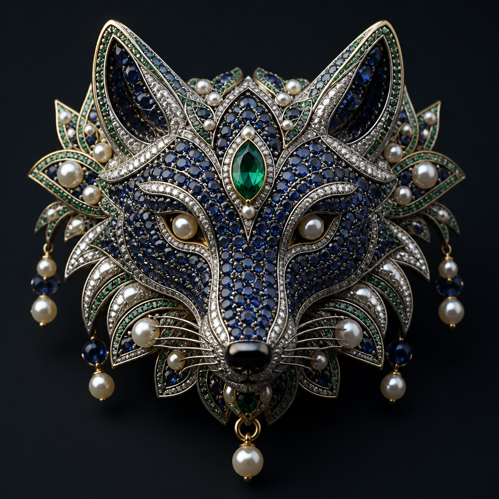 Emerald sapphire pearl eyed wolf
photorealistic jewelry design, Emerald sapphire pearl eyed wolf , avant_garde style, just the design no text