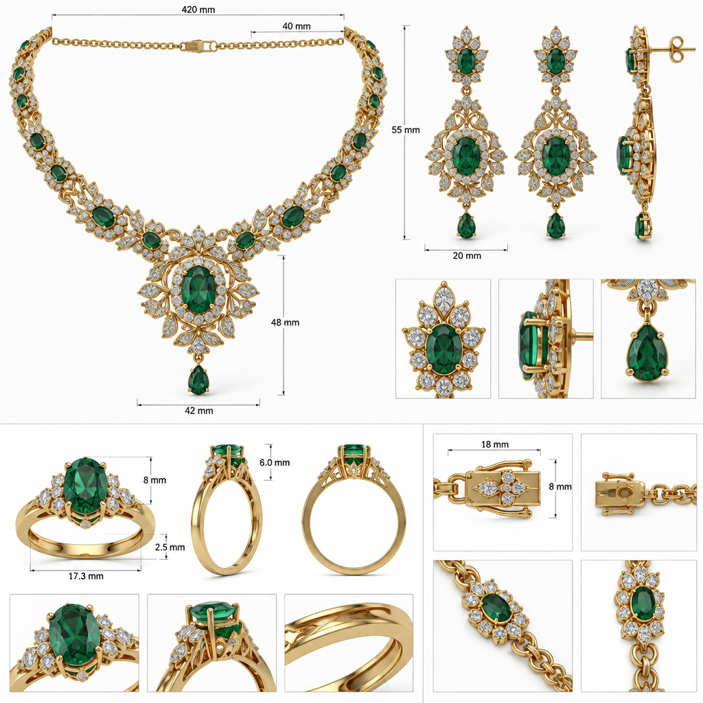 A women's ring. Create an ORIGINAL luxury fine-jewelry set designed as a professional jewelry manufacturer's concept, consisting of:
A statement necklace
Matching pair of earrings
Matching ring
DESIGN DIRECTION:
High-end luxury jewelry, timeless and elegant
Original South Asian-inspired geometric and floral filigree language
18K yellow gold
Natural-looking deep emerald-green gemstones with diamonds as accents
Sophisticated, balanced, symmetrical design
No copied logos, trademarks, or recognizable existing jewelry designs
Design should look commercially manufacturable rather than fantasy jewelry
NECKLACE:
Overall necklace length: 420 mm
Adjustable extension: 40 mm
Main necklace width: approximately 8–18 mm depending on section
Central pendant approximately 42 mm wide × 48 mm high
Primary center emerald: approximately 10 × 8 mm oval
Secondary emeralds: approximately 5 × 3 mm
Accent diamonds: approximately 1.2–2.0 mm round
Secure prong or bezel settings appropriate to each stone
Articulated necklace sections for comfortable movement
Smooth edges and wearable construction
Include a secure box clasp or lobster clasp
EARRINGS:
Matching drop earrings
Approximately 55 mm total height × 20 mm maximum width
Main emerald approximately 8 × 6 mm oval
Accent diamonds approximately 1.0–1.8 mm
Secure post-and-back or lever-back construction
Properly supported stone settings
Lightweight but structurally strong construction
RING:
Ring size: US 7 / approximately 17.3 mm inside diameter
Band width: approximately 2.2–3.0 mm
Main emerald approximately 8 × 6 mm oval
Four-prong or six-prong secure setting
Accent diamonds approximately 1.0–1.5 mm
Minimum practical metal thickness approximately 1.2 mm where structurally appropriate
Comfortable interior profile
No sharp edges
MANUFACTURING PRESENTATION:
Show the jewelry as a professional design-development sheet rather than merely a fashion photograph.
Provide:
Front orthographic view
Side view
Top view where useful
Individual necklace, earring and ring views
Enlarged detail views of the gemstone settings and clasp
Dimension callouts in millimeters
Stone sizes in millimeters
Suggested setting types
Approximate metal thicknesses
Prong dimensions
Bail dimensions
Hinge/articulation locations
Clasp dimensions
Ring dimensions
VISUAL QUALITY:
Photorealistic high-end jewelry rendering, precise edges, realistic metal reflections, realistic gemstone proportions, clean white technical background, professional jewelry manufacturer's presentation, extremely detailed, symmetrical, premium luxury catalog quality.
IMPORTANT:
The dimensions are DESIGN TARGETS, not automatically certified manufacturing specifications. Do not distort the jewelry to make every dimension appear visually exact. Keep all components physically plausible and structurally manufacturable.
photorealistic jewelry design, A women's ring. Create an ORIGINAL luxury fine-jewelry set designed as a professional jewelry manufacturer's concept, consisting of:
A statement necklace
Matching pair of earrings
Matching ring
DESIGN DIRECTION:
High-end luxury jewelry, timeless and elegant
Original South Asian-inspired geometric and floral filigree language
18K yellow gold
Natural-looking deep emerald-green gemstones with diamonds as accents
Sophisticated, balanced, symmetrical design
No copied logos, trademarks, or recognizable existing jewelry designs
Design should look commercially manufacturable rather than fantasy jewelry
NECKLACE:
Overall necklace length: 420 mm
Adjustable extension: 40 mm
Main necklace width: approximately 8–18 mm depending on section
Central pendant approximately 42 mm wide × 48 mm high
Primary center emerald: approximately 10 × 8 mm oval
Secondary emeralds: approximately 5 × 3 mm
Accent diamonds: approximately 1.2–2.0 mm round
Secure prong or bezel settings appropriate to each stone
Articulated necklace sections for comfortable movement
Smooth edges and wearable construction
Include a secure box clasp or lobster clasp
EARRINGS:
Matching drop earrings
Approximately 55 mm total height × 20 mm maximum width
Main emerald approximately 8 × 6 mm oval
Accent diamonds approximately 1.0–1.8 mm
Secure post-and-back or lever-back construction
Properly supported stone settings
Lightweight but structurally strong construction
RING:
Ring size: US 7 / approximately 17.3 mm inside diameter
Band width: approximately 2.2–3.0 mm
Main emerald approximately 8 × 6 mm oval
Four-prong or six-prong secure setting
Accent diamonds approximately 1.0–1.5 mm
Minimum practical metal thickness approximately 1.2 mm where structurally appropriate
Comfortable interior profile
No sharp edges
MANUFACTURING PRESENTATION:
Show the jewelry as a professional design-development sheet rather than merely a fashion photograph.
Provide:
Front orthographic view
Side view
Top view where useful
Individual necklace, earring and ring views
Enlarged detail views of the gemstone settings and clasp
Dimension callouts in millimeters
Stone sizes in millimeters
Suggested setting types
Approximate metal thicknesses
Prong dimensions
Bail dimensions
Hinge/articulation locations
Clasp dimensions
Ring dimensions
VISUAL QUALITY:
Photorealistic high-end jewelry rendering, precise edges, realistic metal reflections, realistic gemstone proportions, clean white technical background, professional jewelry manufacturer's presentation, extremely detailed, symmetrical, premium luxury catalog quality.
IMPORTANT:
The dimensions are DESIGN TARGETS, not automatically certified manufacturing specifications. Do not distort the jewelry to make every dimension appear visually exact. Keep all components physically plausible and structurally manufacturable., modern style, just the design no text