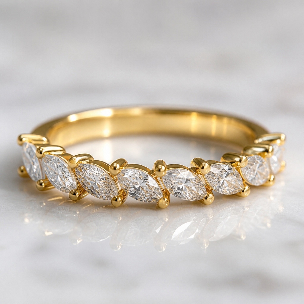 A luxury women's ring made of gold with diamond stones suitable for engagement. media churumbela de 8 diamantes forma marquesa de 0.6 quilates en oro amarillo
photorealistic jewelry design, A luxury women's ring made of gold with diamond stones suitable for engagement. media churumbela de 8 diamantes forma marquesa de 0.6 quilates en oro amarillo, luxury style, just the design no text