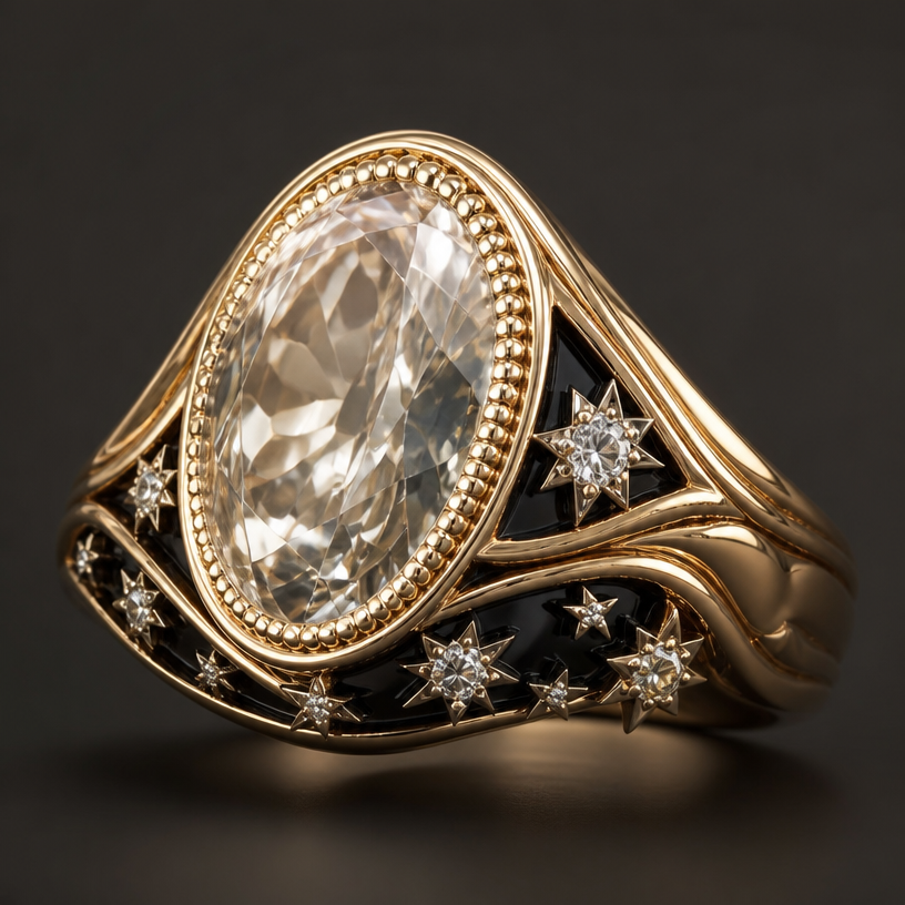 A women's ring. with a 10 ct oval
using the attached image as a visual reference, create A women's ring. with a 10 ct oval. photorealistic, just the design no text