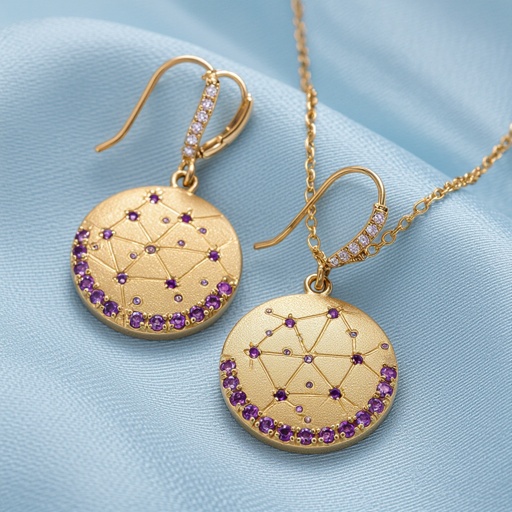 Серьги и кулон в одном стиле. Светлое матовое состаренное мятое золото. На круге изобрежены созвездия. Очень маленькие сиреневые камушки. 