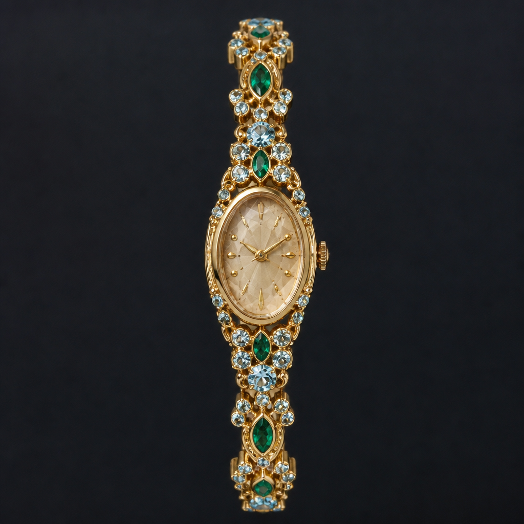 A vintage women's watch made of gold with emerald and topaz stones suitable for formal, detailed and decorative, moderately ornate