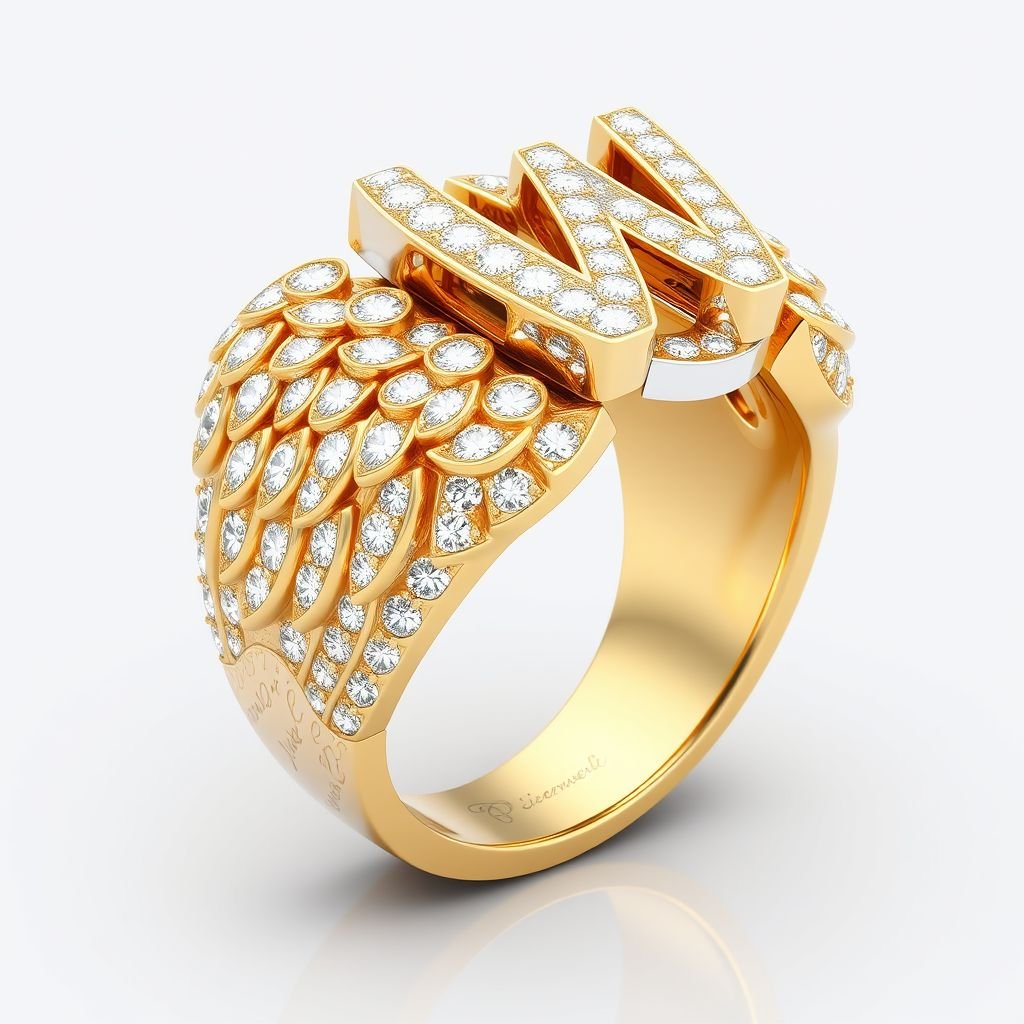 Big AW in the middle at the top small writing always at the bottom small writing working at one side of the ring always on the other side of the ring Wing ring in a  rectangle circular style big and bulky fully ice that diamonds in gold and white gold mix
