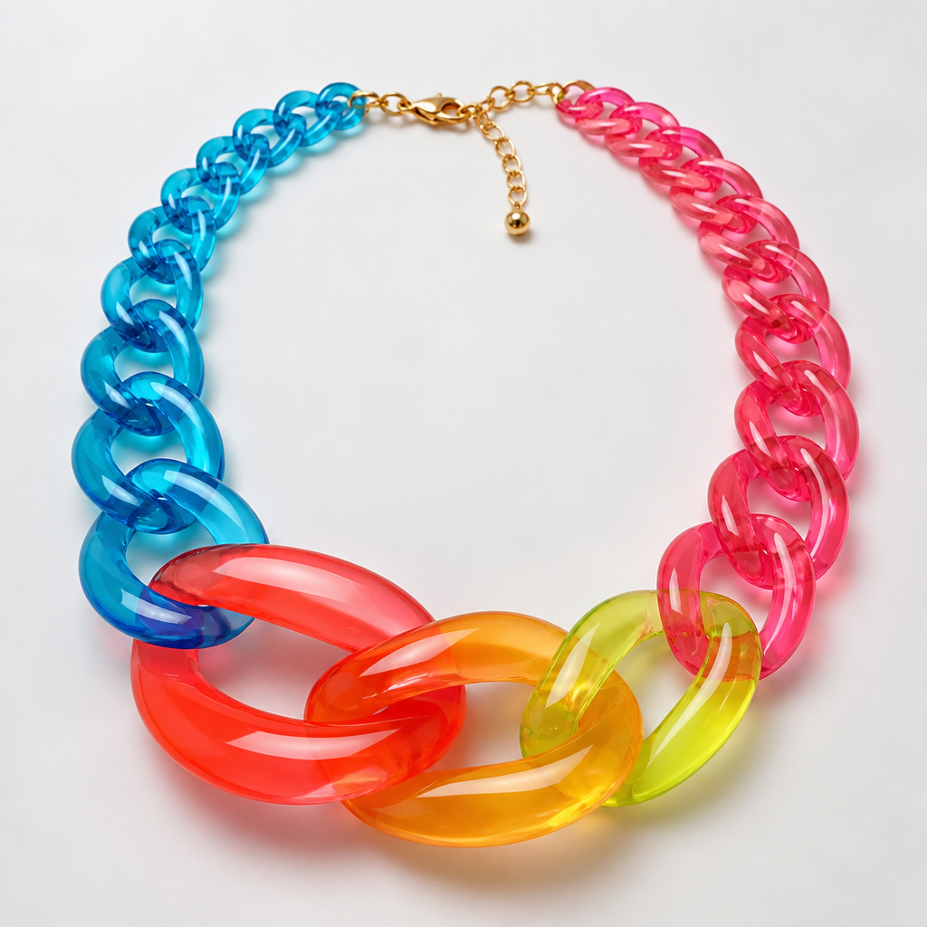 A women's necklace. create a chunky Cuban links style plastic necklace that is graduated and exaggerated in the first three links of translucent colors of jolly rancher candy colors
photorealistic jewelry design, A women's necklace. create a chunky Cuban links style plastic necklace that is graduated and exaggerated in the first three links of translucent colors of jolly rancher candy colors, modern style, just the design no text