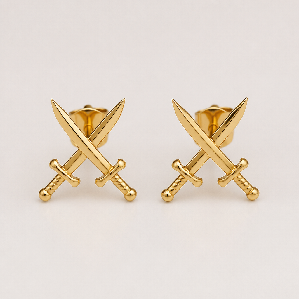 Um brinco dourado no formato de duas espadas de São Jorge cruzadas
photorealistic jewelry design, Um brinco dourado no formato de duas espadas de São Jorge cruzadas , just the design no text