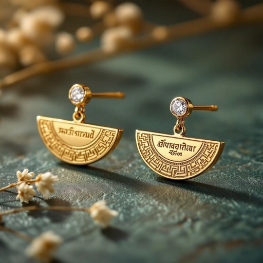Серьги золотые в форме тонкого изящного полумесяца, полукруг как продолжение застежки, на полукруге надписи мантрами на санскрите