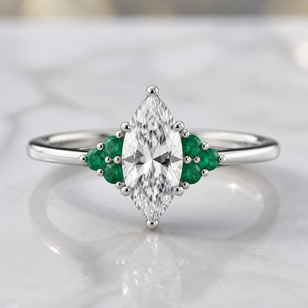 A minimalist women's ring made of platinum with diamond and emerald stones suitable for engagement. 1.5ct Marquise cut white diamond with a four prong setting. with three .25ct emeralds on each side (for a total of six) in a triangle formation with two framing the diamond and the third one finishing the triangle
photorealistic jewelry design, A minimalist women's ring made of platinum with diamond and emerald stones suitable for engagement. 1.5ct Marquise cut white diamond with a four prong setting. with three .25ct emeralds on each side (for a total of six) in a triangle formation with two framing the diamond and the third one finishing the triangle, minimalist style, just the design no text