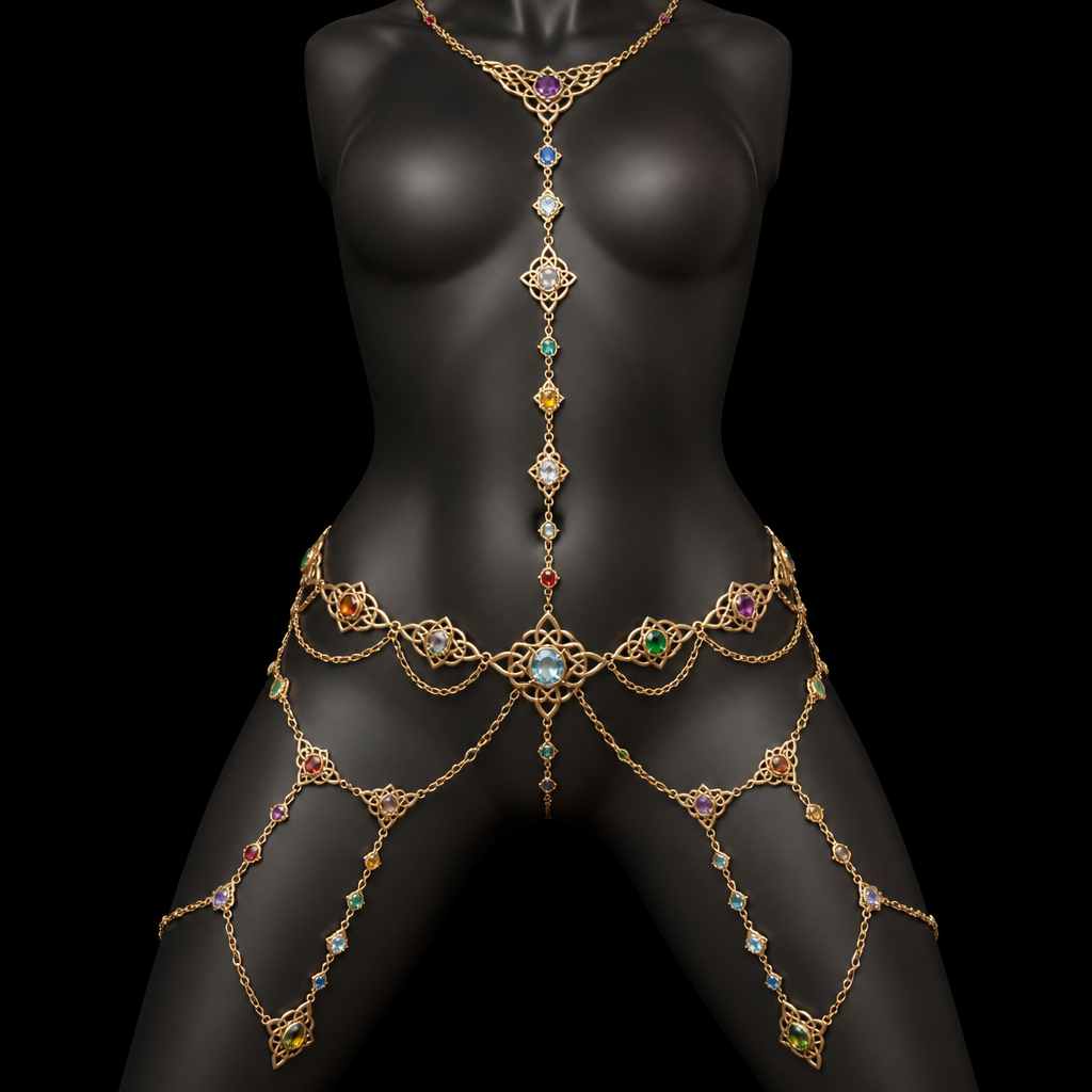 A celtic women's anklet made of gold with diamond and ruby and sapphire and amethyst and emerald and garnet and aquamarine and topaz stones suitable for party. I want a belly chain that goes from the neck down to the waist with pieces that attach to the legs with different colored stones
photorealistic jewelry design, A celtic women's anklet made of gold with diamond and ruby and sapphire and amethyst and emerald and garnet and aquamarine and topaz stones suitable for party. I want a belly chain that goes from the neck down to the waist with pieces that attach to the legs with different colored stones, celtic style, just the design no text