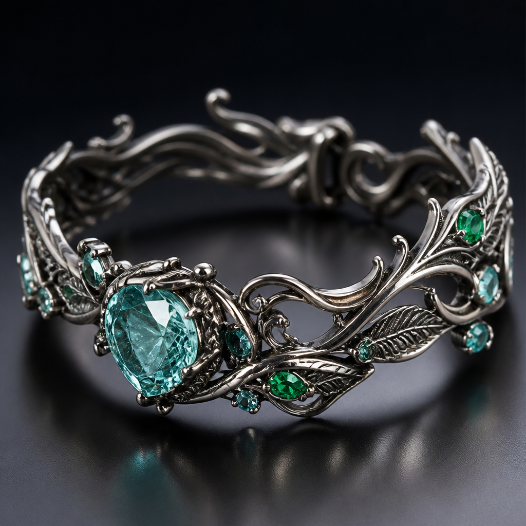 A fantasy women's bracelet made of titanium with aquamarine and emerald stones
photorealistic jewelry design, A fantasy women's bracelet made of titanium with aquamarine and emerald stones, fantasy style, just the design no text