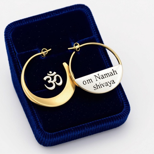 Золотые матовые серьги полукруг. На полукруге надпись изящным шрифтом om namah shivaya