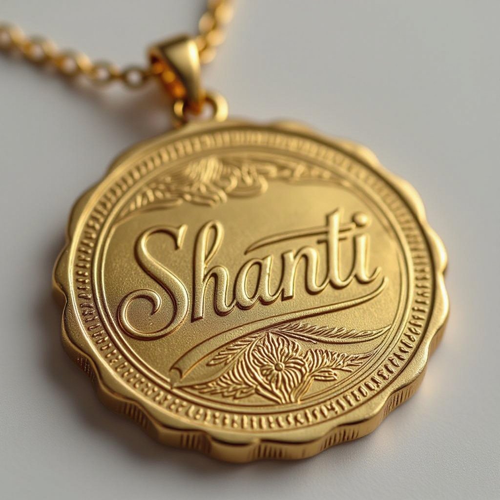 Золотой матовый медальон похожий на мятую монету с неровными краями. Надпись изящная с наклоном Shanti. Узоры вокруг надписи 