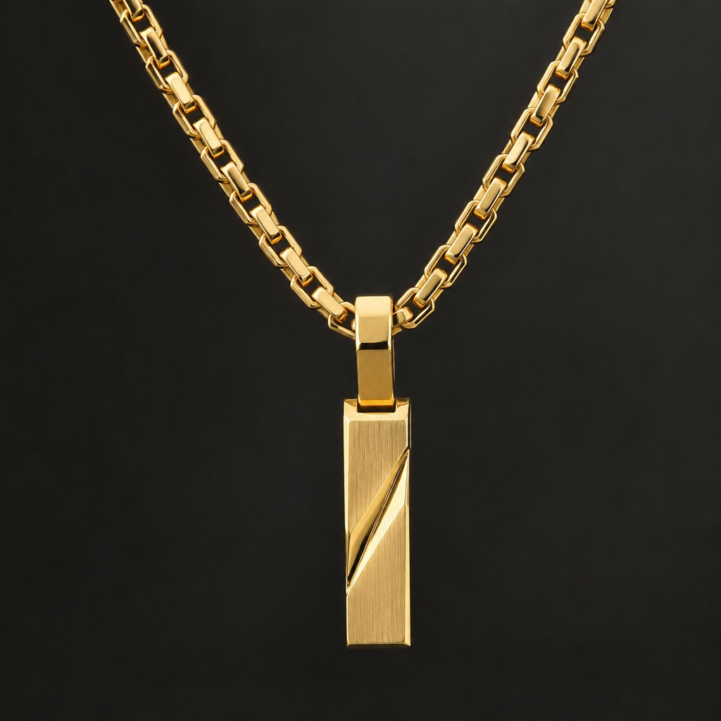 A modern men's necklace made of gold
photorealistic jewelry design, A modern men's necklace made of gold, modern style, just the design no text