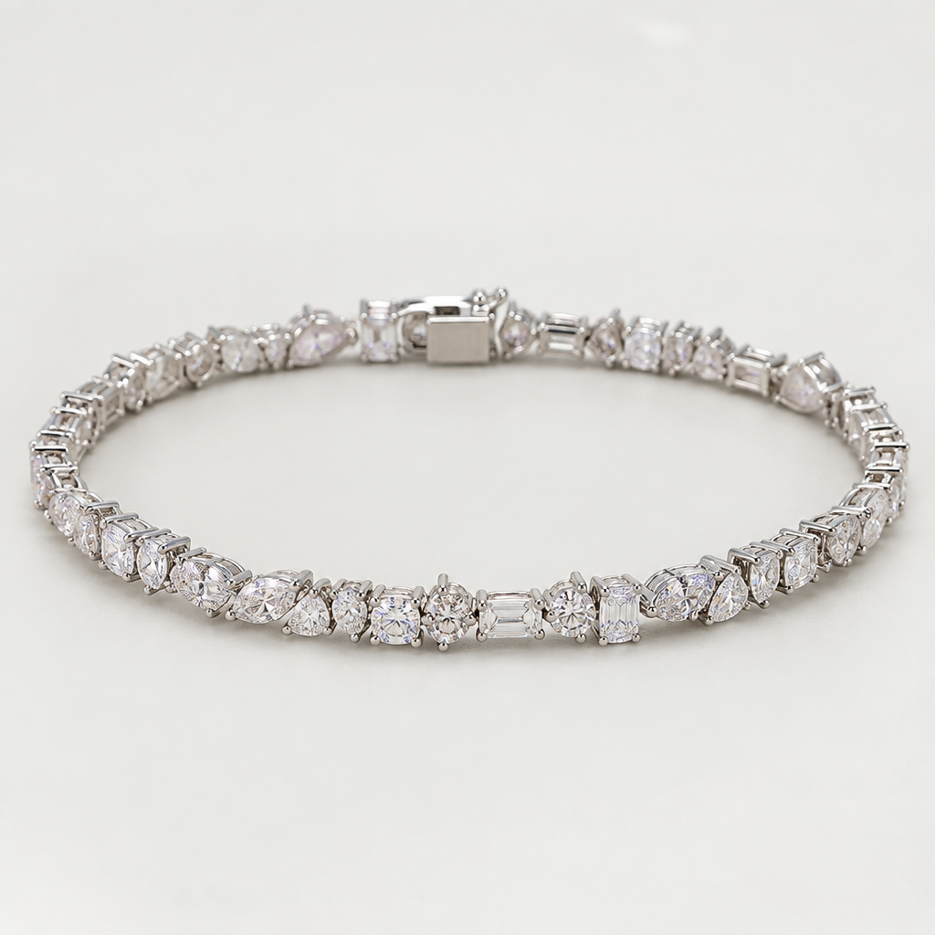 create a tennis bracelet formed of multiple random shaped white gold diamonds placed close together with no gaps between them. make the bracelegt dainty elegant small and minimalistic
photorealistic jewelry design, create a tennis bracelet formed of multiple random shaped white gold diamonds placed close together with no gaps between them. make the bracelegt dainty elegant small and minimalistic, just the design no text