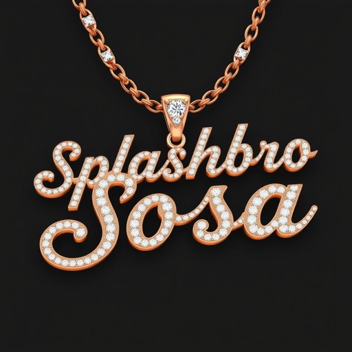 Create a big chain that say Splashbro Sosa, with rose gold vvs diamonds, double layer gold plate