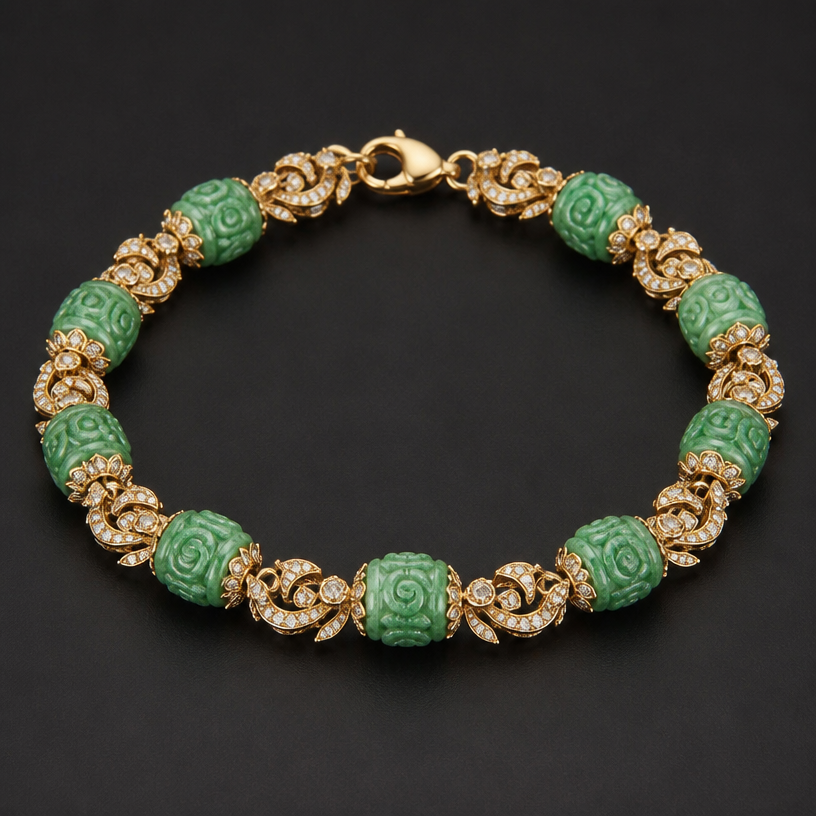 A abstract women's bracelet with diamond stones suitable for gift, highly ornate, intricate and elaborate, richly detailed. Create a 6-inch bracelet using the 12 beads shown in the attached picture. Each bead is 9.7 millimeters long.
using the attached image as a visual reference, create A abstract women's bracelet with diamond stones suitable for gift, highly ornate, intricate and elaborate, richly detailed. Create a 6-inch bracelet using the 12 beads shown in the attached picture. Each bead is 9.7 millimeters long.. photorealistic, just the design no text