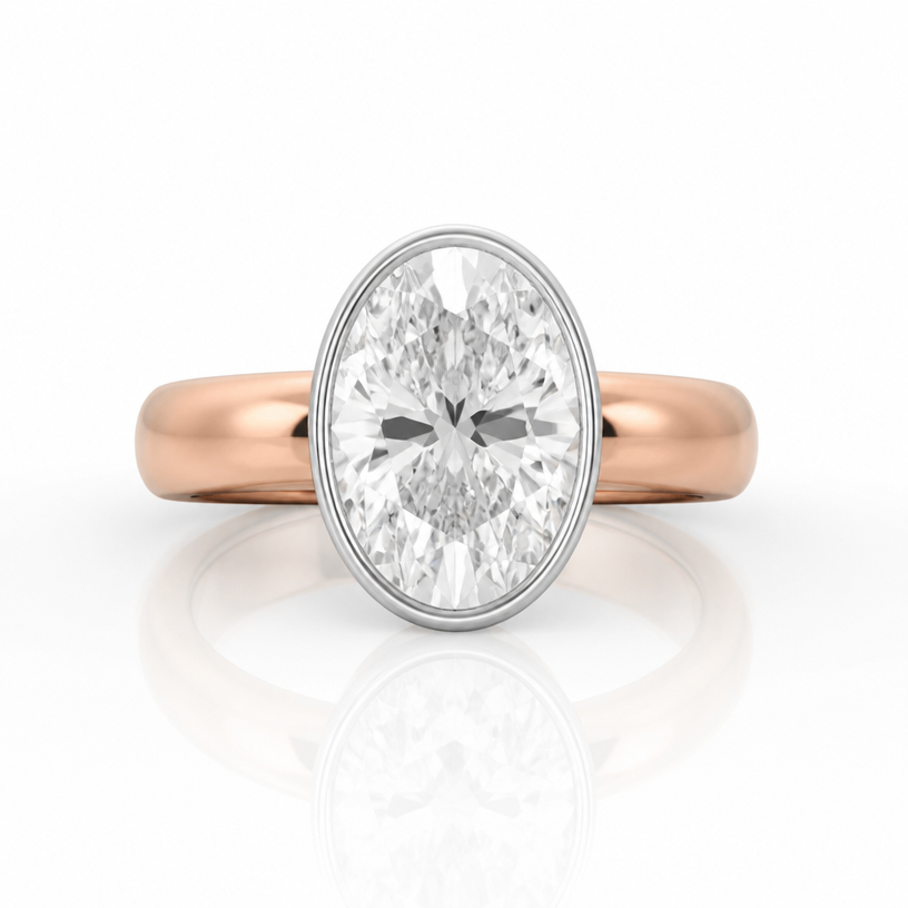 A women's ring. 10ct oval diamond 16mmx11mm
platinum bezel
4mm 10k rose gold band
comfort style
euro shank
using the attached image as a visual reference, create A women's ring. 10ct oval diamond 16mmx11mm
platinum bezel
4mm 10k rose gold band
comfort style
euro shank. photorealistic, just the design no text