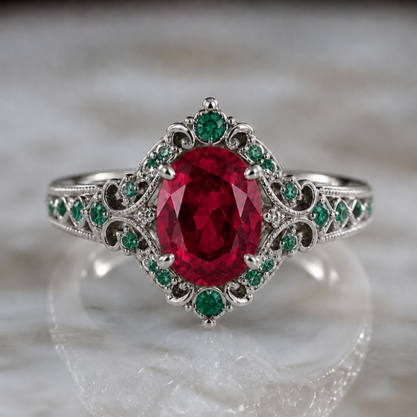 make accent gems emeralds
edit the attached jewelry design with these instructions: make accent gems emeralds. keep it photorealistic, just the design no text