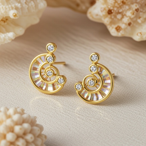 Золотые серьги в виде золотой спиральной ракушки украшенной тремя маленькими камнями 