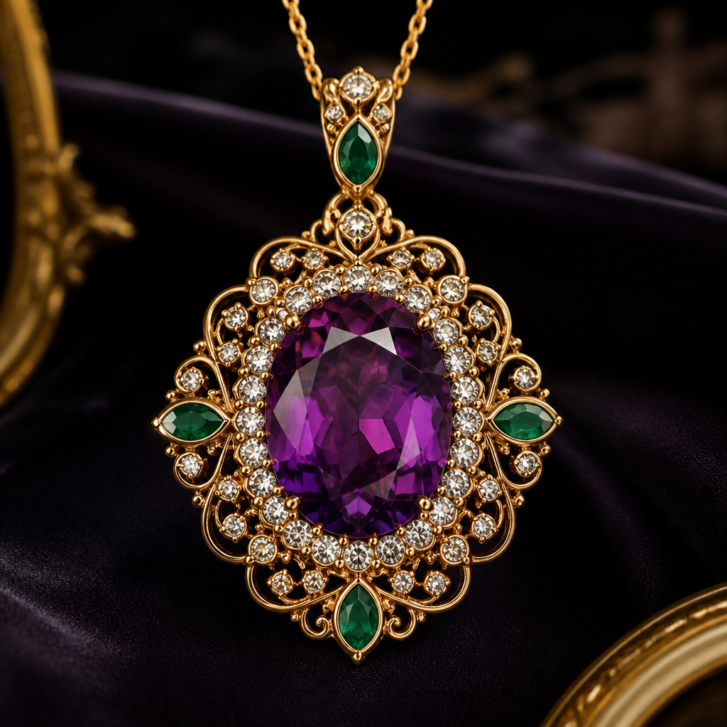 Create a breathtaking luxury royal pendant featuring a large oval deep purple Amethyst gemstone as the centerpiece, surrounded by a delicate halo of sparkling white diamonds. The Amethyst should have natural rich color zoning and premium gemstone clarity, set in elegant 18K rose gold with intricate handcrafted detailing. Add a vintage royal style with fine metalwork, luxury jewelry photography, soft studio lighting, realistic reflections, high-end gemstone catalog style, ultra realistic 8K detail.”
Isse ek premium international buyer ko dikhane layak jewellery concept jaisa look aa sakta hai. 💜💎
Agar chaho to main Amethyst + Gold + Emerald combination ka aur bhi royal
photorealistic jewelry design, Create a breathtaking luxury royal pendant featuring a large oval deep purple Amethyst gemstone as the centerpiece, surrounded by a delicate halo of sparkling white diamonds. The Amethyst should have natural rich color zoning and premium gemstone clarity, set in elegant 18K rose gold with intricate handcrafted detailing. Add a vintage royal style with fine metalwork, luxury jewelry photography, soft studio lighting, realistic reflections, high-end gemstone catalog style, ultra realistic 8K detail.”
Isse ek premium international buyer ko dikhane layak jewellery concept jaisa look aa sakta hai. 💜💎
Agar chaho to main Amethyst + Gold + Emerald combination ka aur bhi royal , filigree style, just the design no text