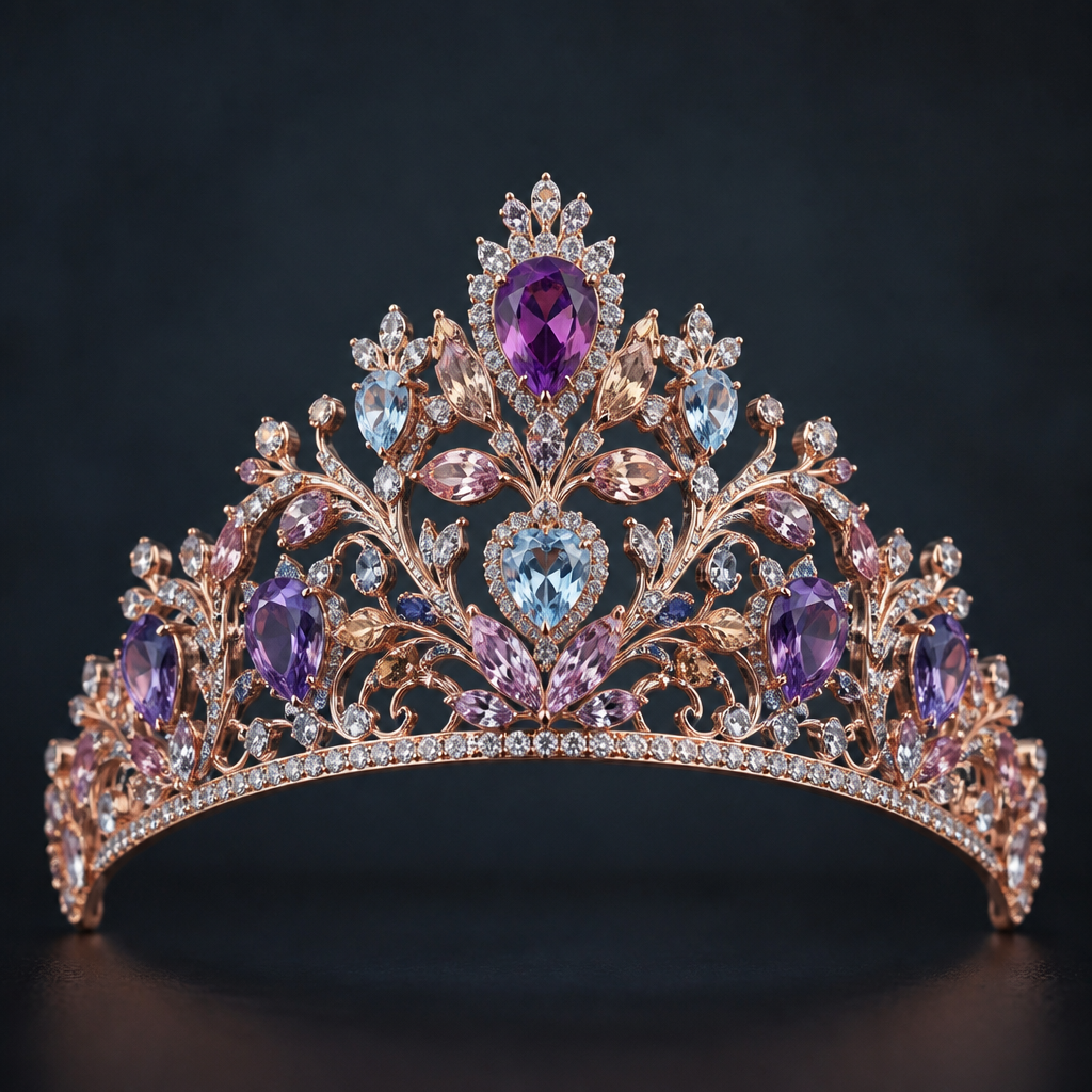 A romantic women's tiara made of rose gold with amethyst and topaz and sapphire and diamond stones suitable for formal, highly ornate, intricate and elaborate, richly detailed
photorealistic jewelry design, A romantic women's tiara made of rose gold with amethyst and topaz and sapphire and diamond stones suitable for formal, highly ornate, intricate and elaborate, richly detailed, romantic style, just the design no text