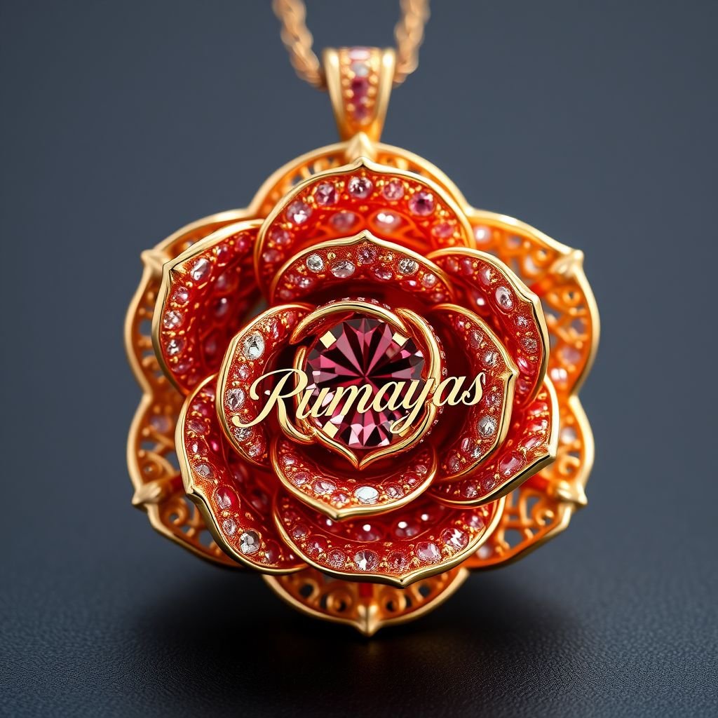 Rose shape natural diamond fancy colours stone fixed on gold plated  written logo name “rumayas” can you design for me 