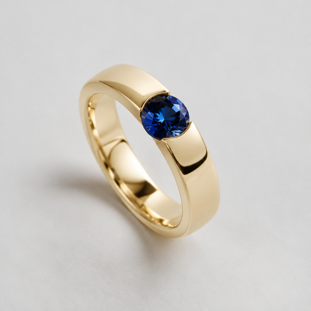 A women's ring made of gold. gelbgold ring, ca 3mm breit. blauer spinel in rundem diamantschliff vorne eingelegt, die gesamte Breite des Ringes einnehmend, also ebenfalls ca 3mm groß.
photorealistic jewelry design, A women's ring made of gold. gelbgold ring, ca 3mm breit. blauer spinel in rundem diamantschliff vorne eingelegt, die gesamte Breite des Ringes einnehmend, also ebenfalls ca 3mm groß., modern style, just the design no text