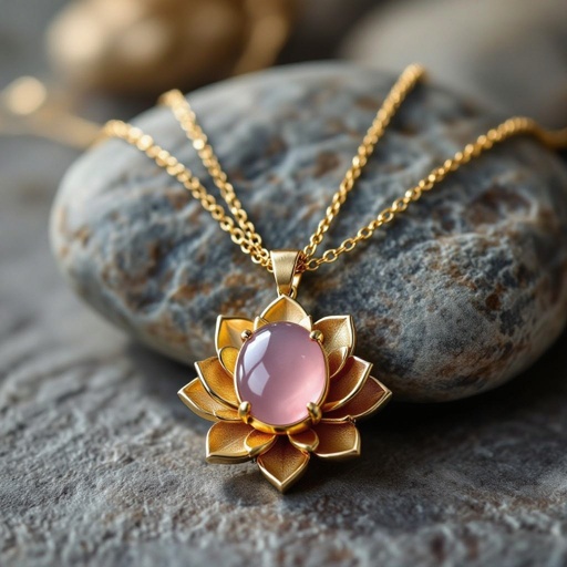 Золотая матовая цепочка. Подвеска матовая лотос шесть лепестков нижние лепестки крупнее верхних  не круглый . В сердце лотоса матовый розовый кварц овальный
