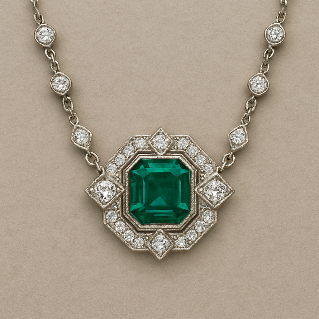 Diamond station necklace with one center diamond shaped emerald 