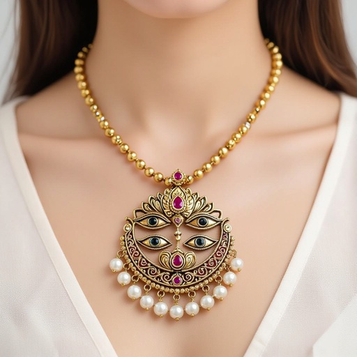 Кулон на длинной цепочке. Матовое светлое золото. В цепочке небольшие золотые шарики и жемчуг. Кулон в виде двух глаз над ними лотос с маленьким красным камнем внутри узоры завитушки 