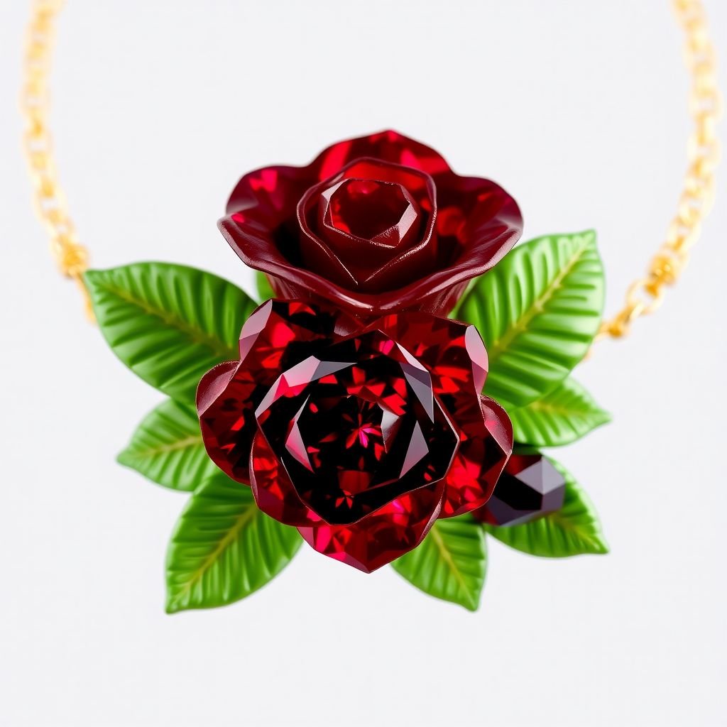 A red cut garnet rose with green Nanette cut leaves with 20 carats and VS clarity bracelet 