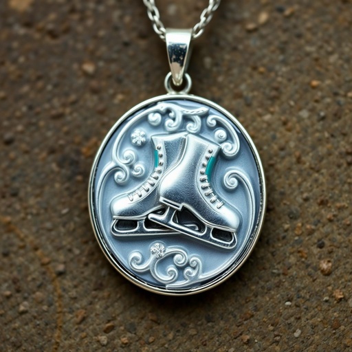 Silver pendant in the shape of ice skating blades with a turquoise stripe within the blade
