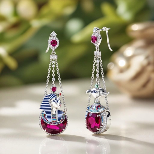 Zototy long earrings with a pendant symbolic image of the Egyptian god Ra with a bird's head symbol of the sun long chains