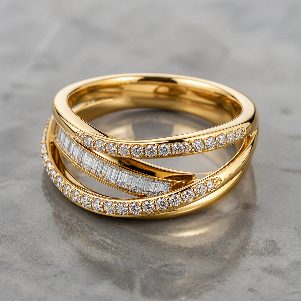 A modern women's ring made of gold with diamond stones
photorealistic jewelry design, A modern women's ring made of gold with diamond stones, modern style, just the design no text