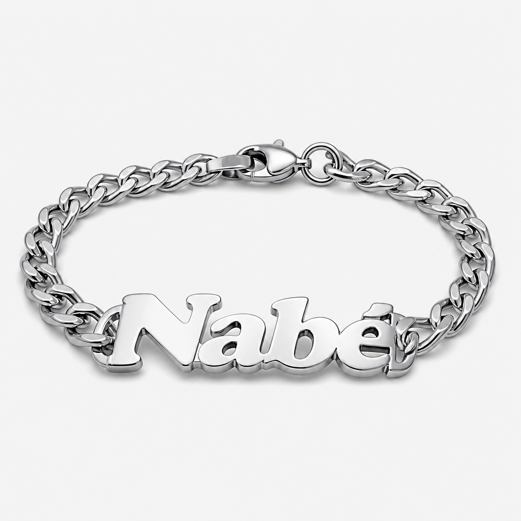 Un bracelet en argent avec le nom Nabé c’est pour mon gars mais ne met pas le de symbole juste le nom Nabé un peu grand
photorealistic jewelry design, Un bracelet en argent avec le nom Nabé c’est pour mon gars mais ne met pas le de symbole juste le nom Nabé un peu grand , just the design no text