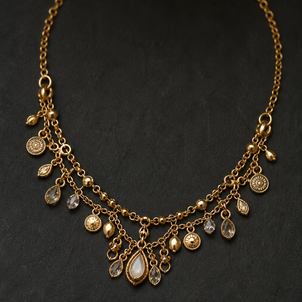 A bohemian women's necklace made of gold suitable for daily wear, highly ornate, intricate and elaborate, richly detailed. Simply
photorealistic jewelry design, A bohemian women's necklace made of gold suitable for daily wear, highly ornate, intricate and elaborate, richly detailed. Simply, bohemian style, just the design no text