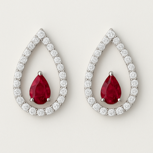 Pear shape earrings with diamond and ruby in between the diamond line 