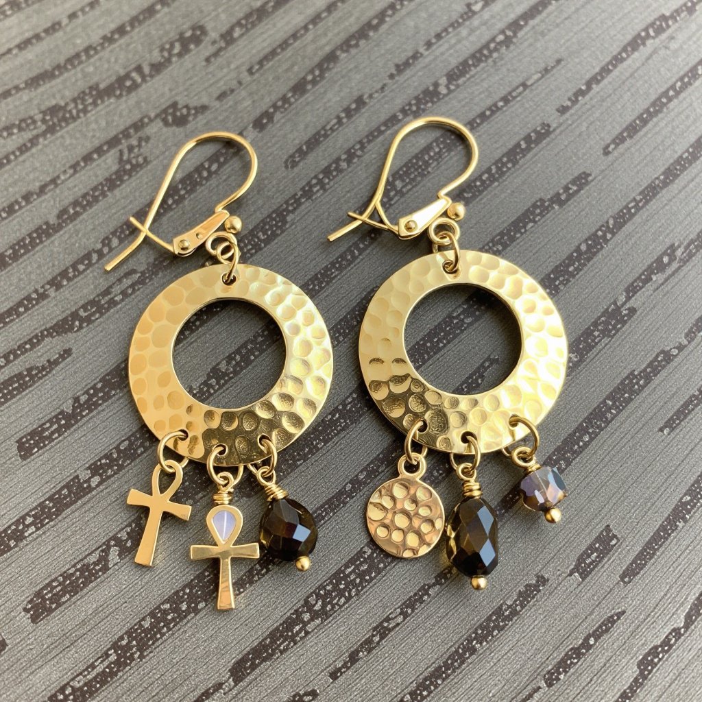 Золотые серьги словно мятое золото в форме узкого изящного полумесяца. Верхушка полумесяца крепится к застежке серьги. К нижней части полумесяца крепятся три подвески: миниатюрный золотой египетриский крест, очень маленький кристалл раухтопаза и маленький золотой кружочек с мятым эффектом плоский