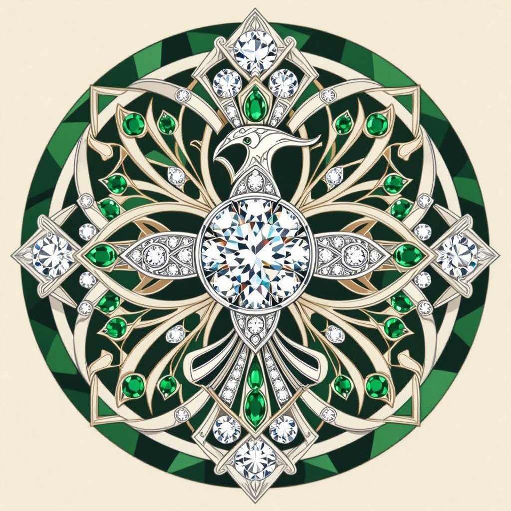 Necklace of geometric phoenix printed on it for women Design a luxurious platinum signet ring that embodies the elegance of Art Deco style, featuring a striking phoenix rendered in intricate geometric patterns. Emphasize bold lines and symmetry, with contrasting finishes for depth. Adorn the ring with brilliant-cut diamonds and emeralds, capturing the spirit of rebirth and timeless sophistication.