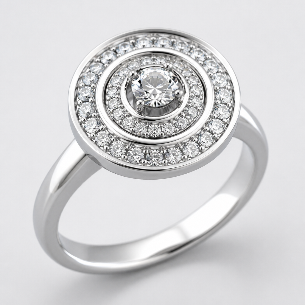 A modern women's ring made of silver with diamond stones. a ring with round layers on top with gems in it
photorealistic jewelry design, A modern women's ring made of silver with diamond stones. a ring with round layers on top with gems in it, modern style, just the design no text