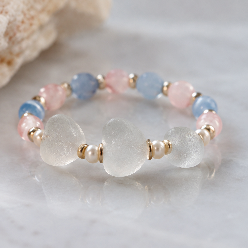 A women's ring. blue and pink beads with 3 pieces of clear seaglass in the middle with white beads in between
photorealistic jewelry design, A women's ring. blue and pink beads with 3 pieces of clear seaglass in the middle with white beads in between, modern style, just the design no text