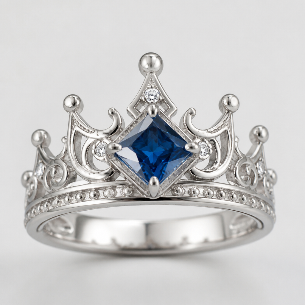 A women's ring. a princess cut deep blue diamond for a young boy in the shape of a crown on a white gold setting made like a crown with intricate designs in the sides of it
photorealistic jewelry design, A women's ring. a princess cut deep blue diamond for a young boy in the shape of a crown on a white gold setting made like a crown with intricate designs in the sides of it, modern style, just the design no text