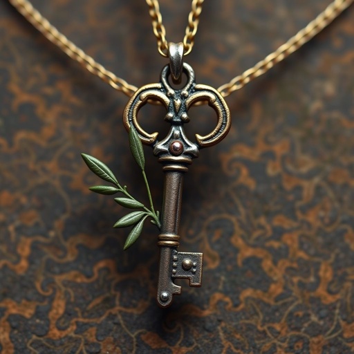 Old skeleton key shape gold and silver tones with olive branch turning on leg and keffieh print on the tip